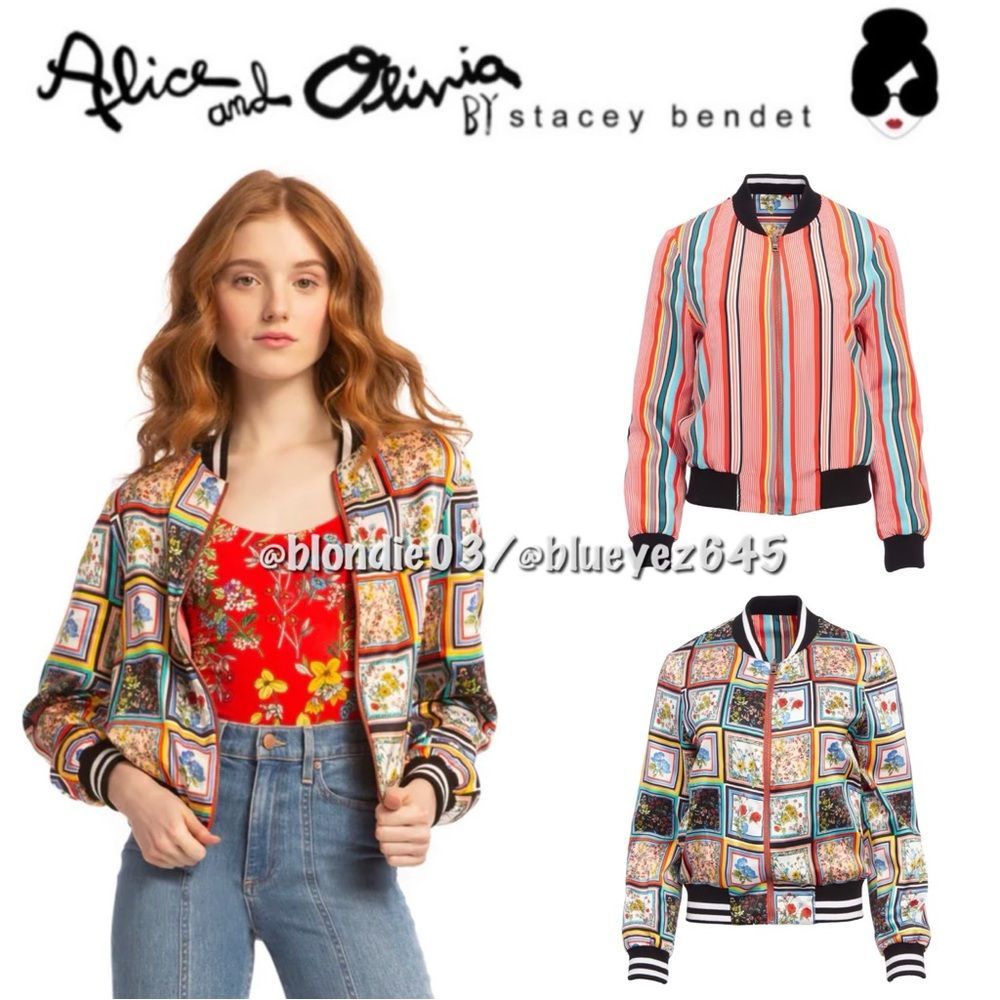 Alice + Olivia “Lonnie” reversible bomber in tile freesia S